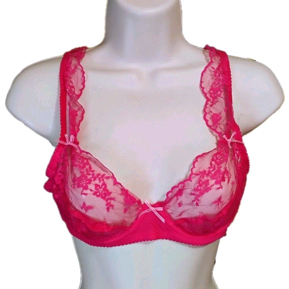 Adore Me Caitlin Unlined Demi Bra 34B Bright Rose Pink Lace Bow Plunge BR-09903
